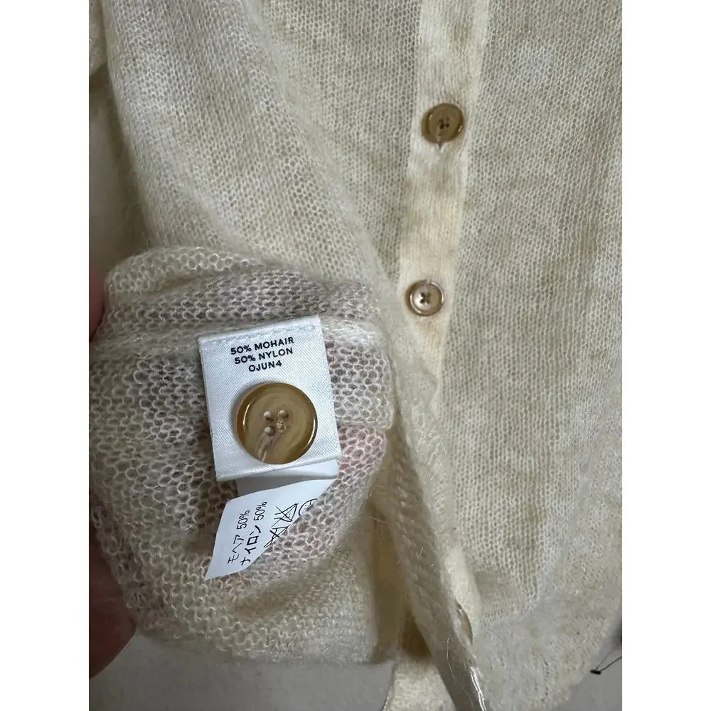 L.L.Bean Mohair Cardigan Sweater Fuzzy Sheer Halo Knit Ivory Womans XS